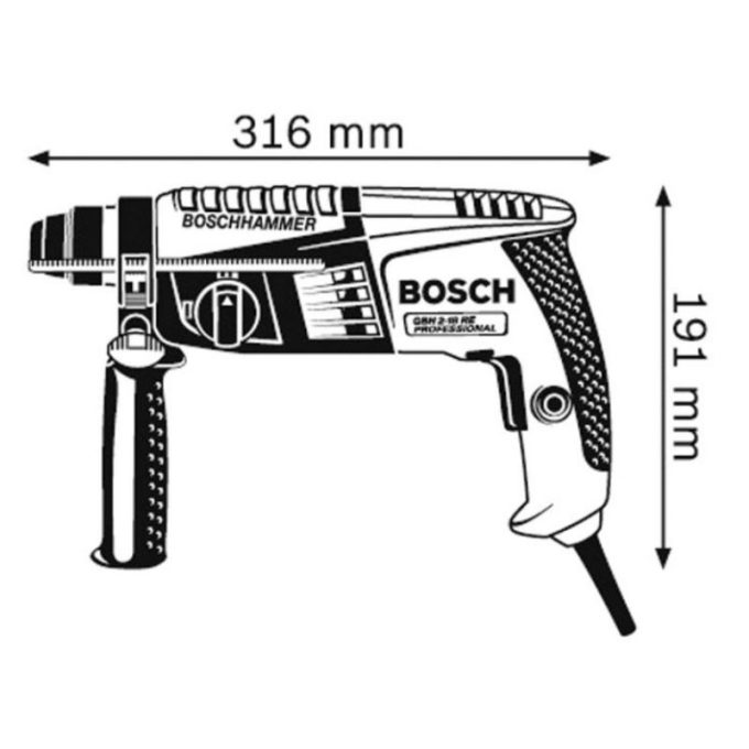 Kích thước máy khoan búa bê tông Bosch GBH 2-18 RE Professional