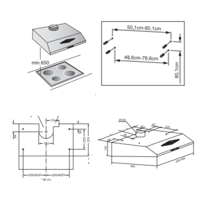 Máy hút mùi cổ điển Bosch DHU935HME 3 Kích thước lắp máy hút mùi cổ điển Bosch DHU935HME
