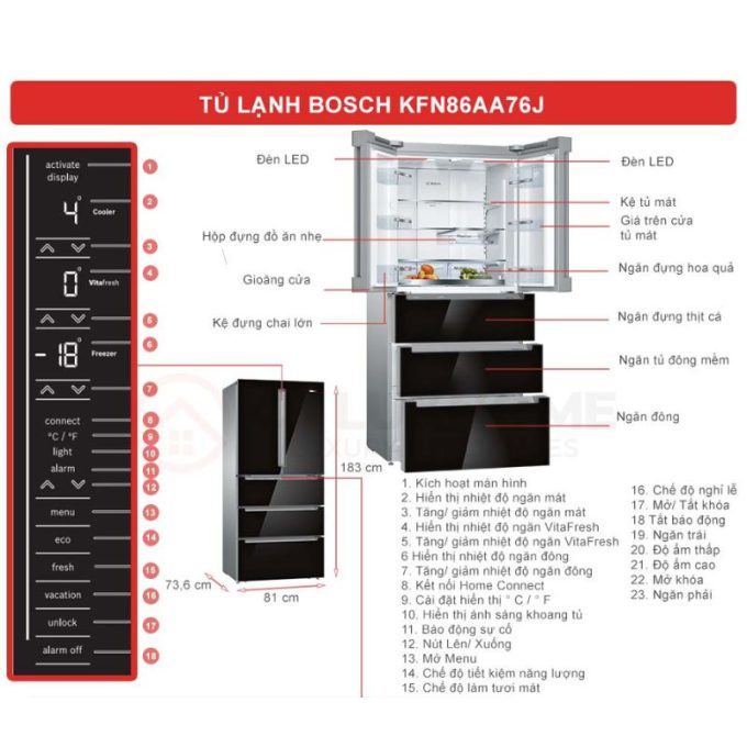 Tủ lạnh Bosch KFN86AA76J 5 Kích thước tủ lạnh Bosch KFN86AA76J