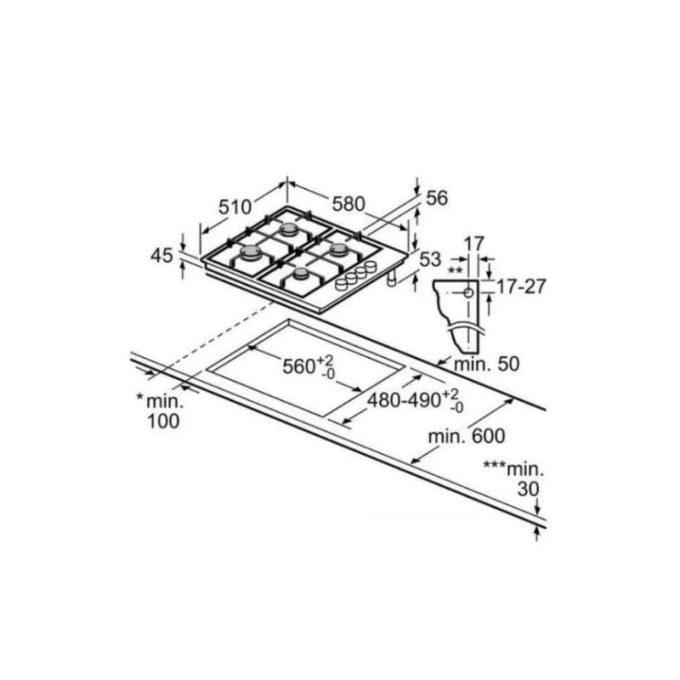 Bếp Gas Bosch PCC6A5B90 4 Kích thước của Bếp Gas Bosch PCC6A5B90