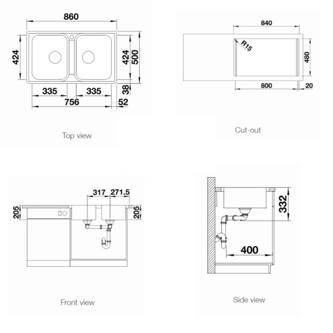 Chậu rửa bát Blanco LEMIS 8-IF 4 Kích thước chậu rửa bát Blanco LEMIS 8-IF