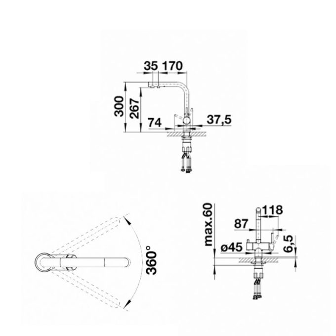 Vòi rửa bát Blanco FONTAS II Alu Metalic 3 Kích thước vòi rửa bát Blanco FONTAS II Alu Metalic