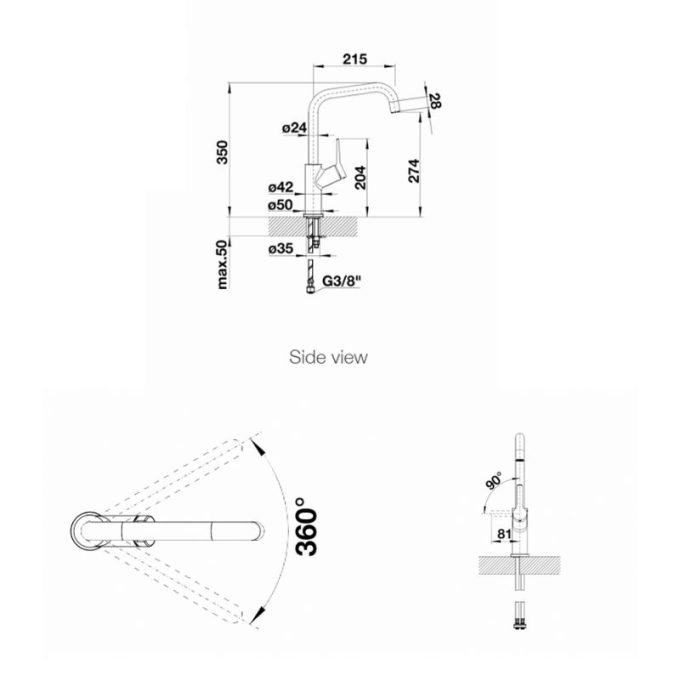 Vòi rửa bát Blanco JURENA Chrome 4 Kích thước vòi rửa bát Blanco JURENA Chrome
