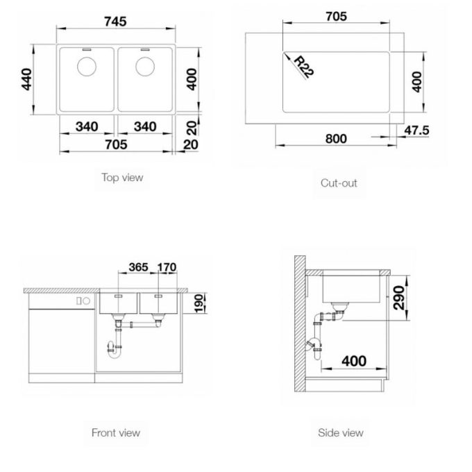 Chậu rửa bát Blanco ANDANO 340 IF 4 Kích thước chậu rửa bát Blanco ANDANO 340 IF