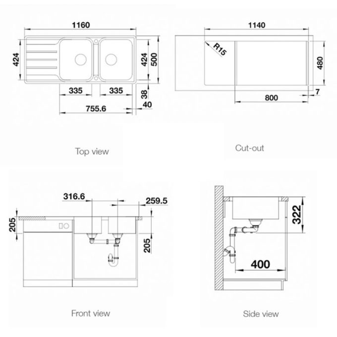 Chậu rửa bát Blanco LEMIS 8S-IF 4 Kích thước chậu rửa bát Blanco LEMIS 8S-IF