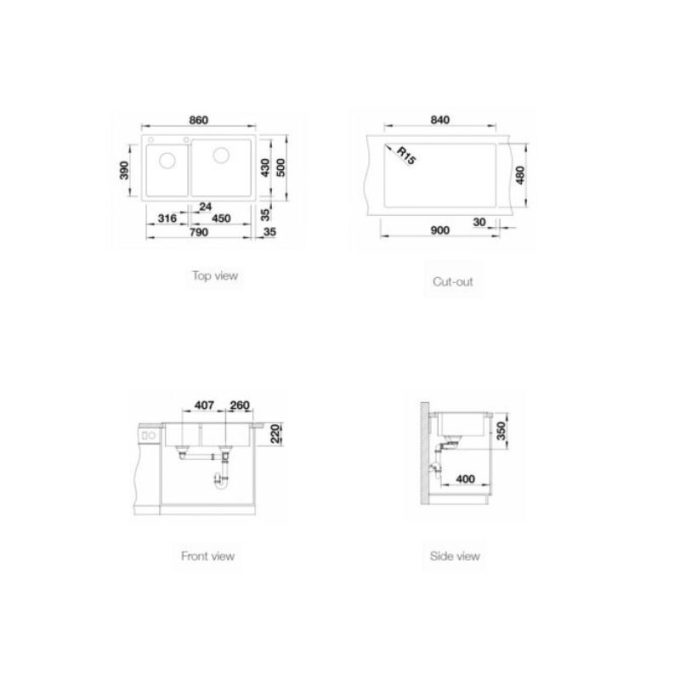 Chậu rửa bát Blanco PLEON 9 Alu 3 Kích thước chậu rửa bát Blanco PLEON 9 Alu