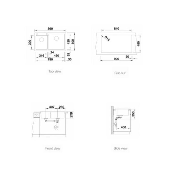 Chậu rửa bát Blanco PLEON 9 Rock 3 Kích thước chậu rửa bát Blanco PLEON 9 Rock