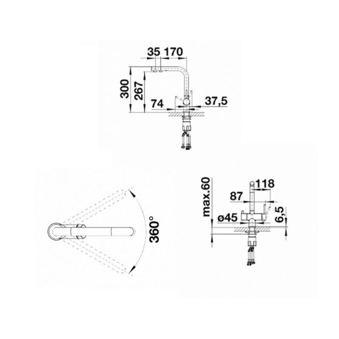 Vòi rửa bát Blanco FONTAS II Rock Grey 3 Kích thước vòi rửa bát Blanco FONTAS II Rock Grey