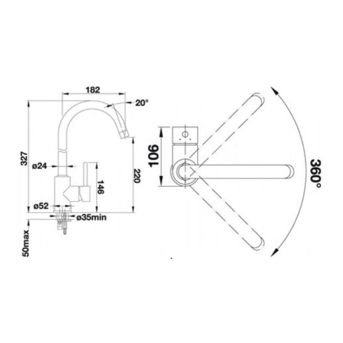 Vòi rửa bát Blanco MIDA XL Alu 4 Kích thước vòi rửa bát Blanco MIDA XL Alu