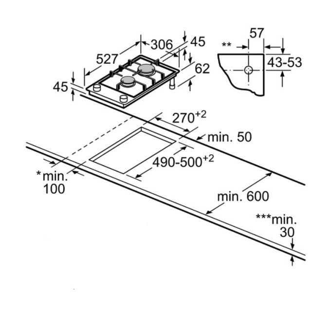 Bếp gas Bosch PRB3A6B70 4 kích thước Bếp gas Bosch PRB3A6B70