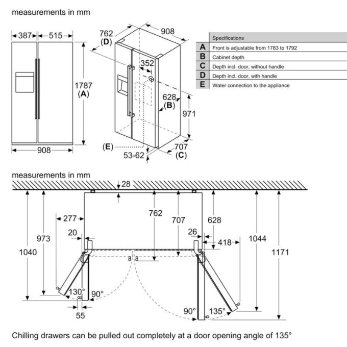 Tủ lạnh 2 cánh side by side 531 lít Bosch KAG93AIEP 5 Kích thước tủ lạnh 2 cánh side by side 531 lít Bosch KAG93AIEP